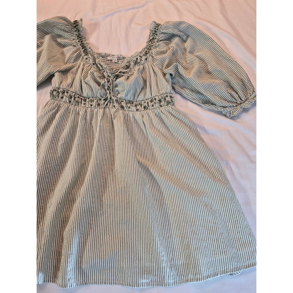 American Eagle Green Stripe Embroidered Cottagecore Puff Sleeve Mini Dress Large - Picture 7 of 10